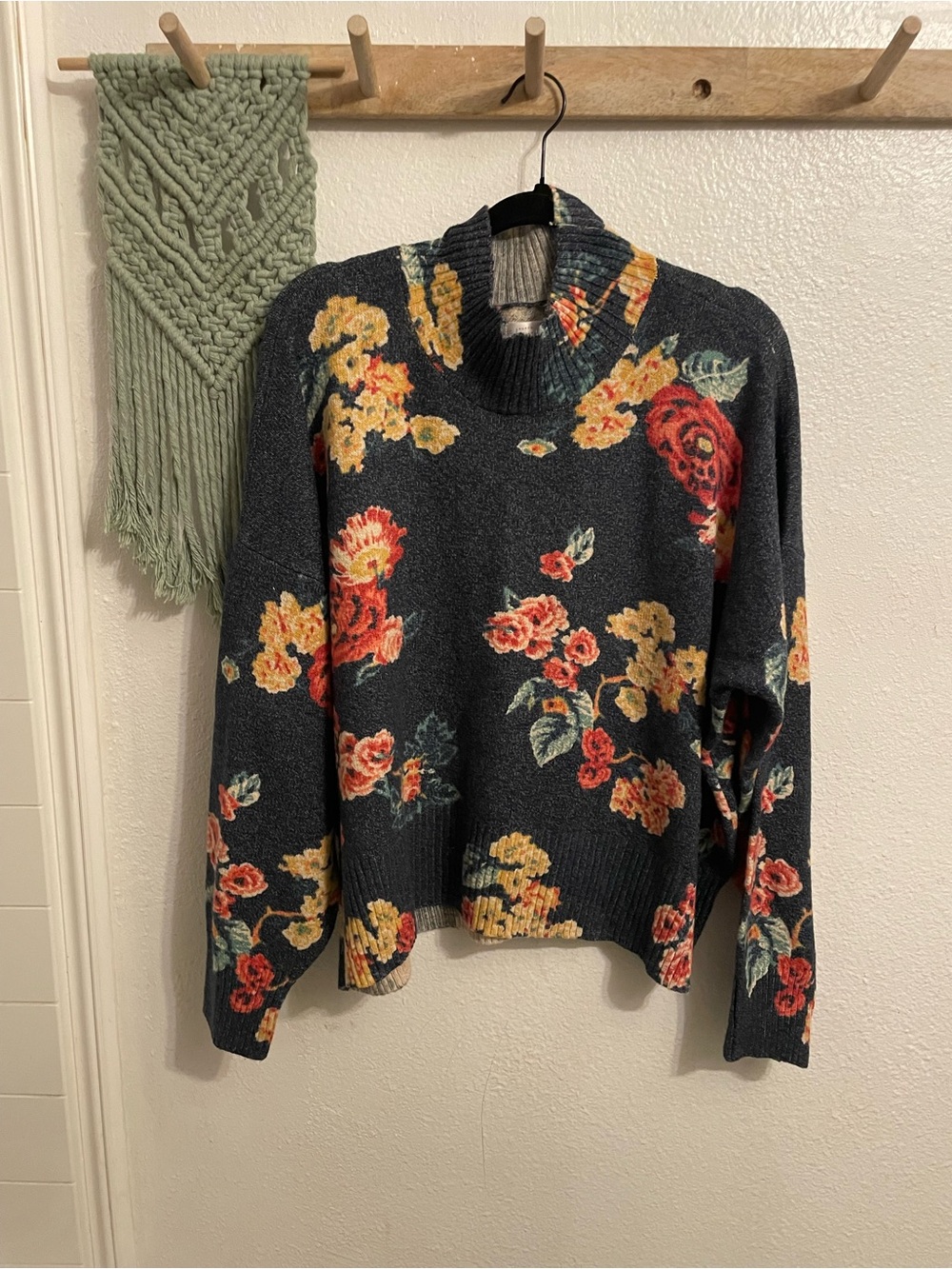 Floral Crewneck Sweater - Dark Charcoal with Red & Yellow Flowers